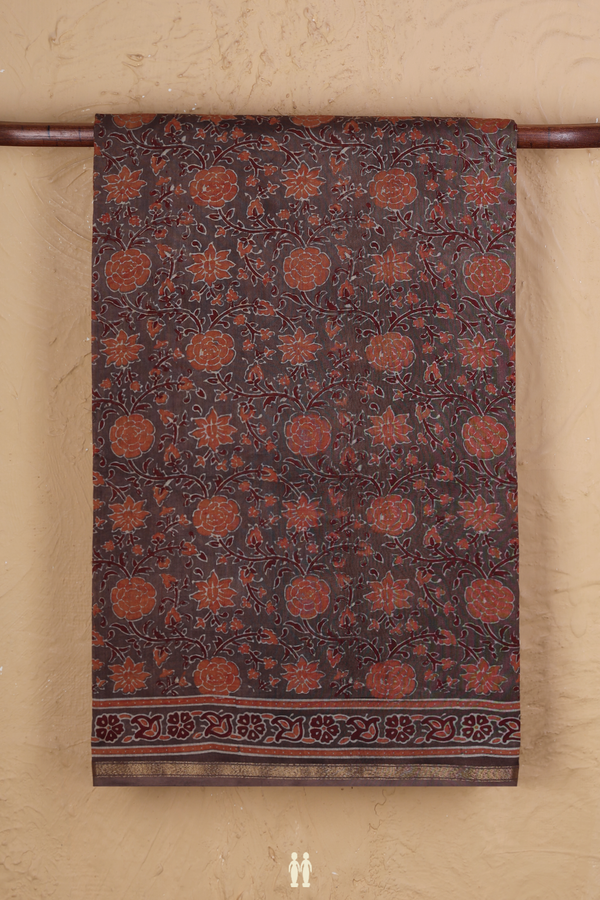 Chanderi Silk Cotton Saree In Brown With Floral Design