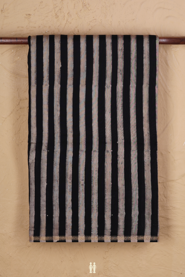 Chanderi Silk Cotton Saree Black And Brown With Stripes Design