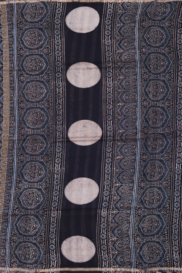 Chanderi Silk Cotton Saree Black And Brown With Stripes Design