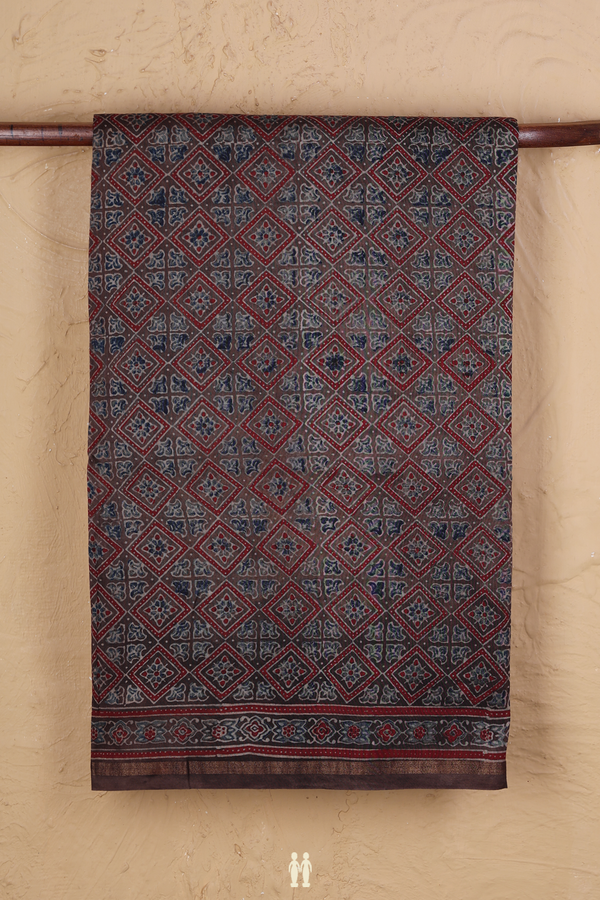 Chanderi Silk Cotton Saree In Brown With Diamond Design