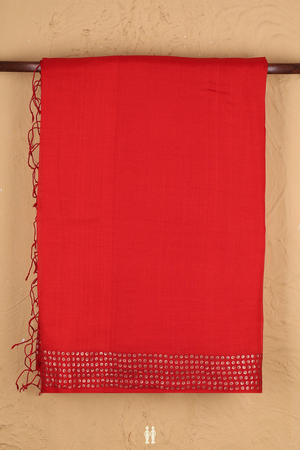 Bailu Silk Saree In Chilli Red With Chamki Work Border