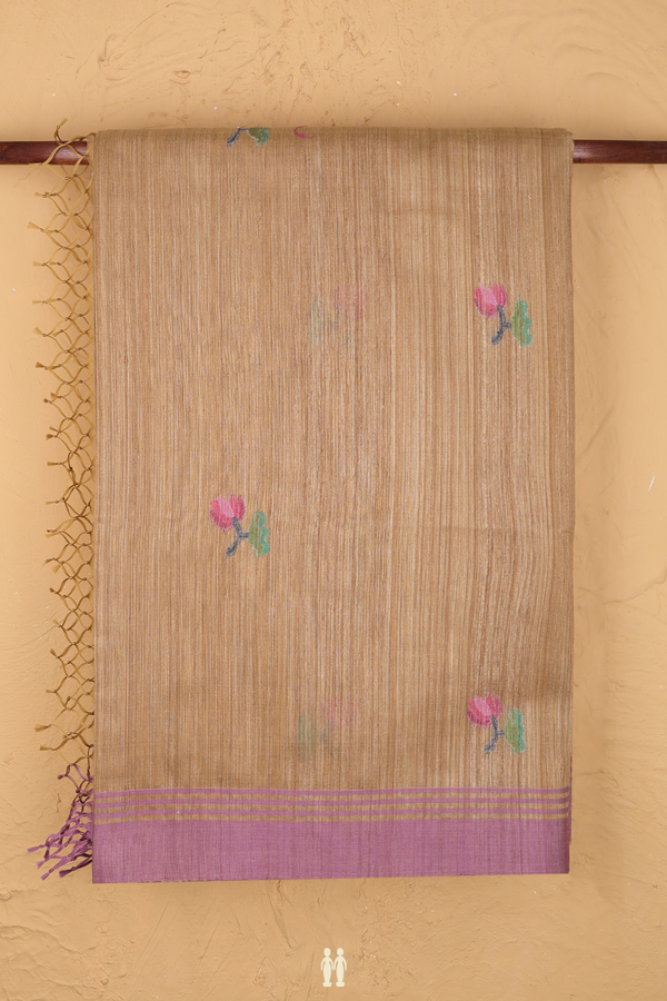 Jute Saree In Brown With Floral Buttas