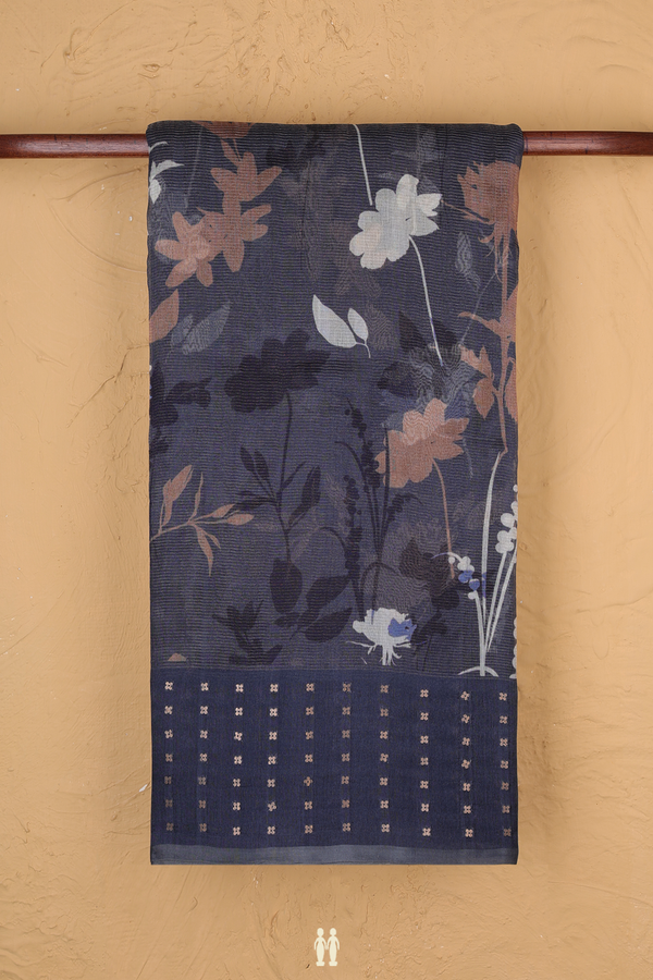 Bailu Silk Saree In Charcoal Grey With Floral Printed Design
