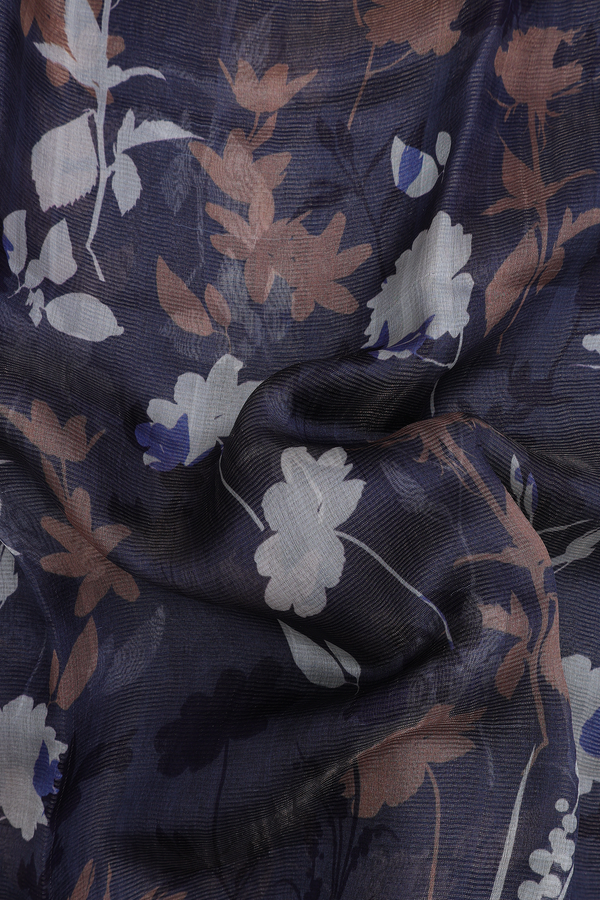 Bailu Silk Saree In Charcoal Grey With Floral Printed Design