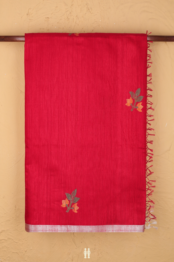 Bailu Silk Saree In Chilli Red With Floral Buttas
