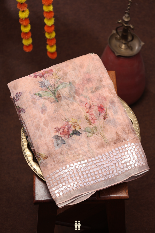 Bailu Silk Saree In Salmon Pink With Floral Printed Design