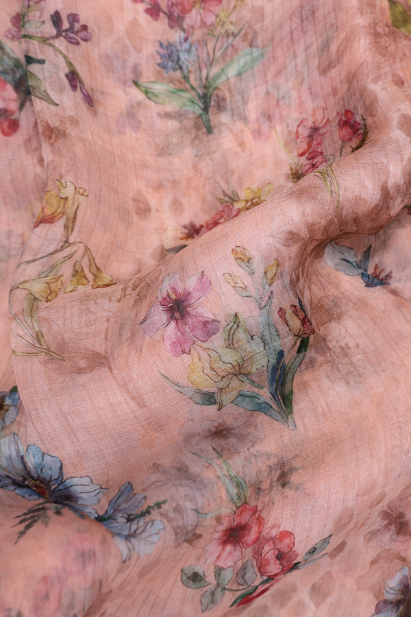 Bailu Silk Saree In Salmon Pink With Floral Printed Design