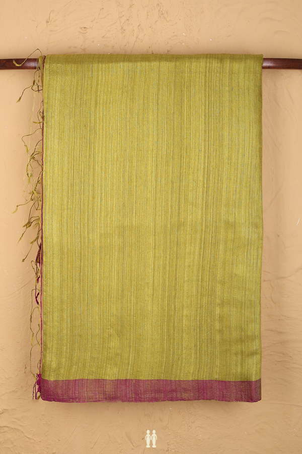 Bailu Silk Saree In Plain Olive Yellow With Contrast Border