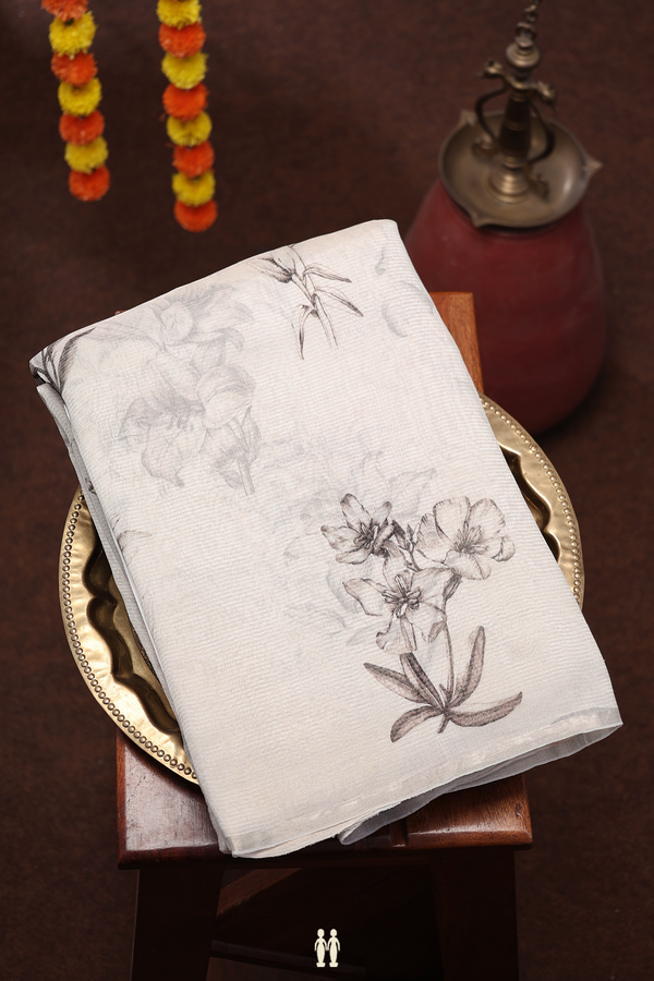 Bailu Silk Saree In White With Floral Printed Design