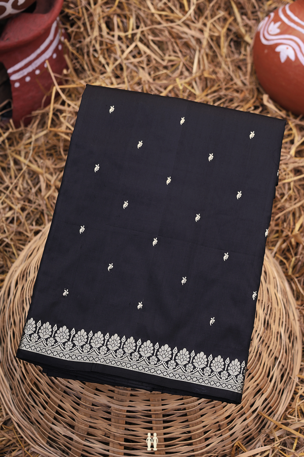 Banarasi Silk Saree In Black With Zari Buttas