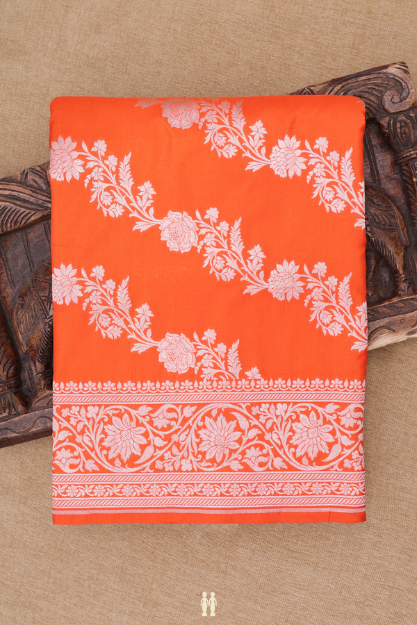 Banarasi Silk Saree In Bright Orange With Floral Design