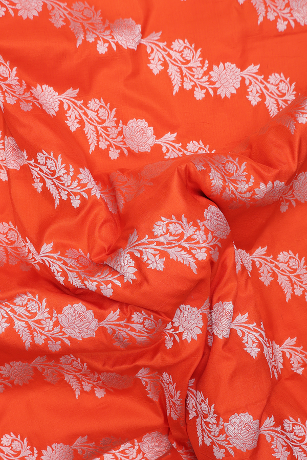 Banarasi Silk Saree In Bright Orange With Floral Design