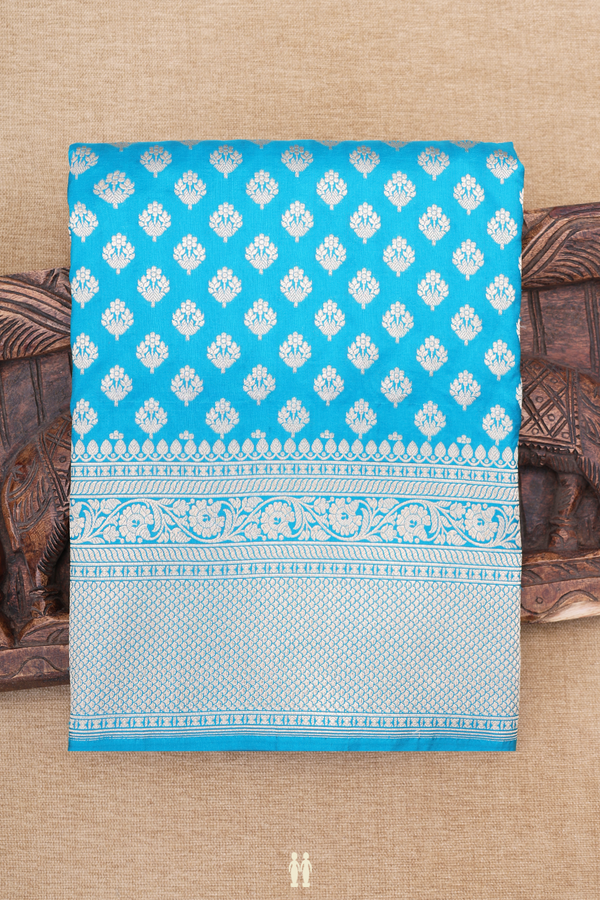 Banarasi Silk Saree In Cerulean Blue With Floral Buttas