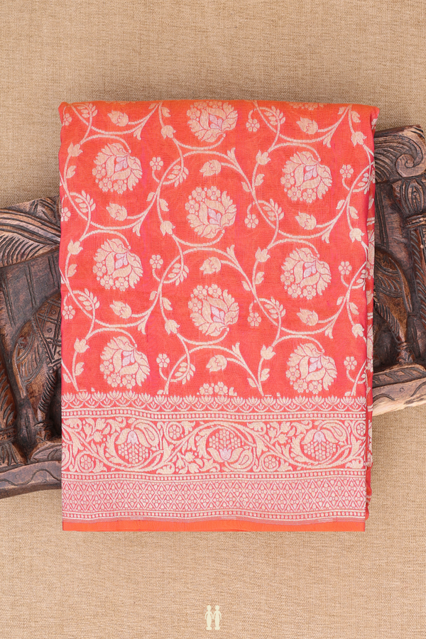 Banarasi Silk Saree In Coral Orange With Floral Design