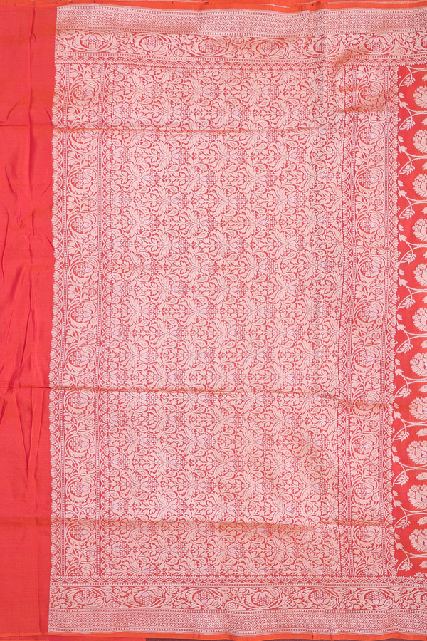 Banarasi Silk Saree In Coral Orange With Floral Design