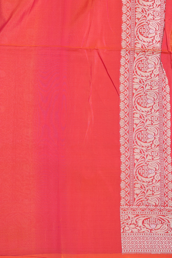 Banarasi Silk Saree In Coral Orange With Floral Design