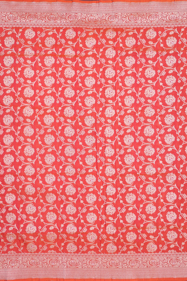 Banarasi Silk Saree In Coral Orange With Floral Design