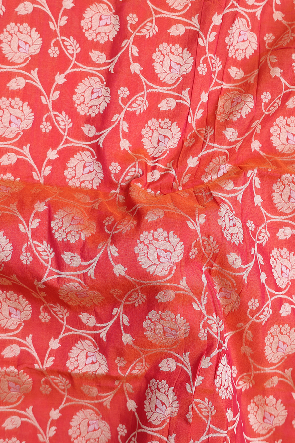Banarasi Silk Saree In Coral Orange With Floral Design