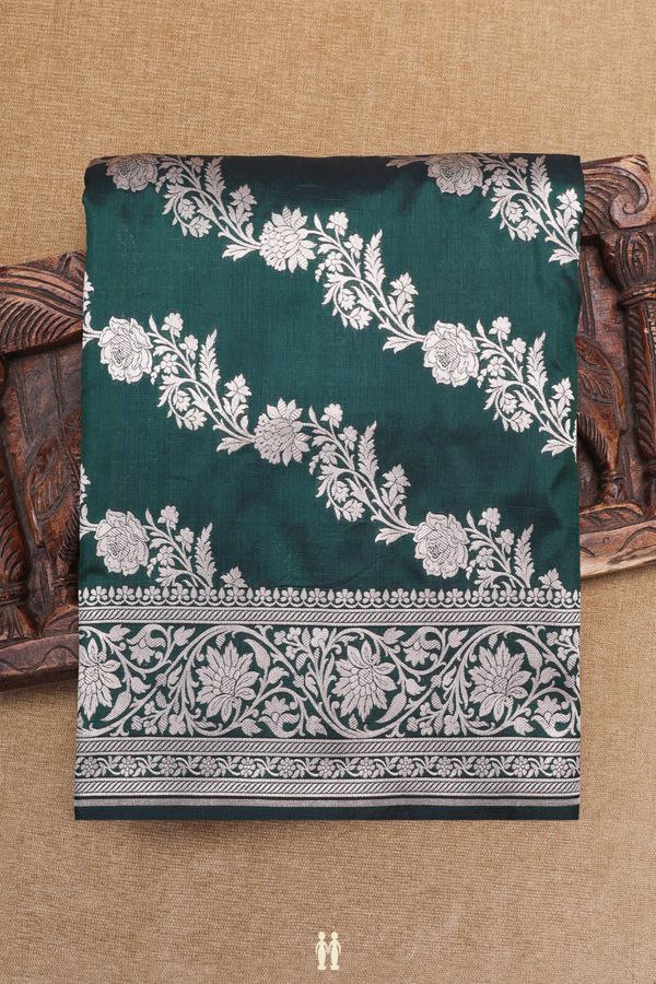 Banarasi Silk Saree In Dark Green With Floral Design