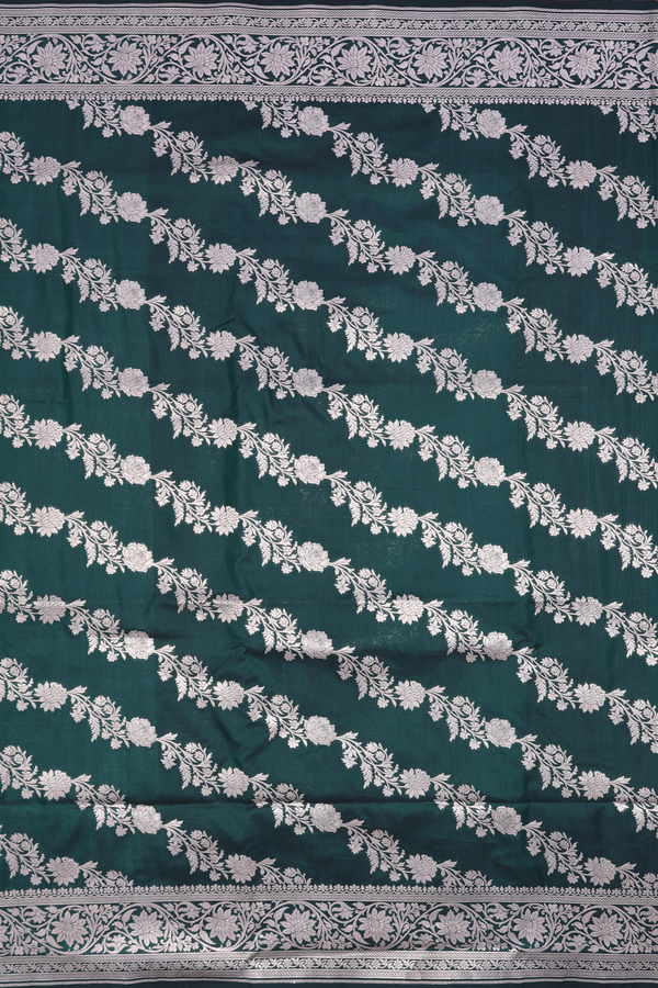 Banarasi Silk Saree In Dark Green With Floral Design