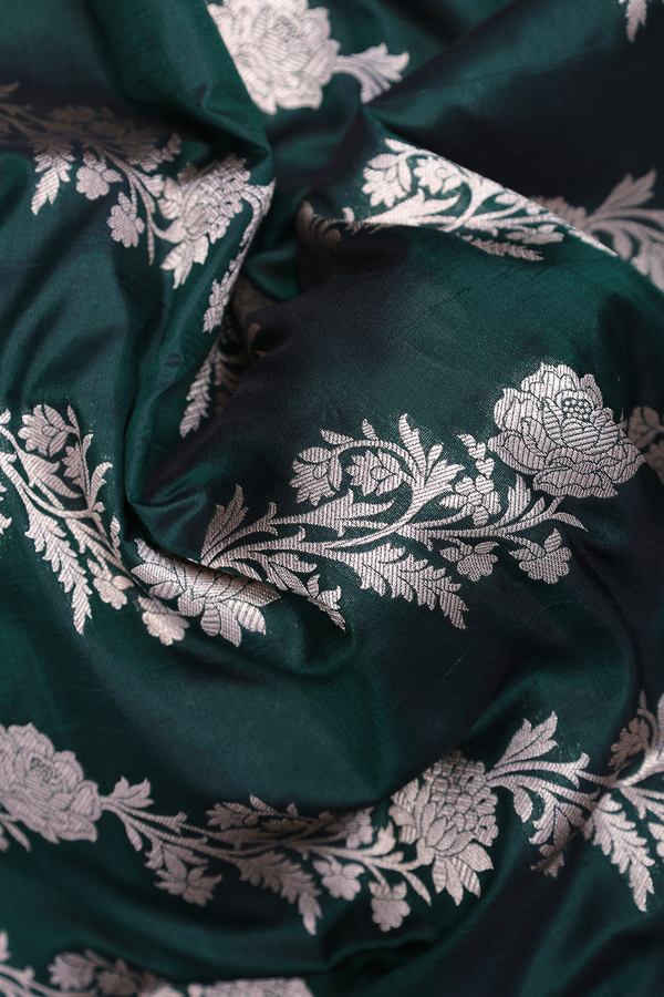 Banarasi Silk Saree In Dark Green With Floral Design