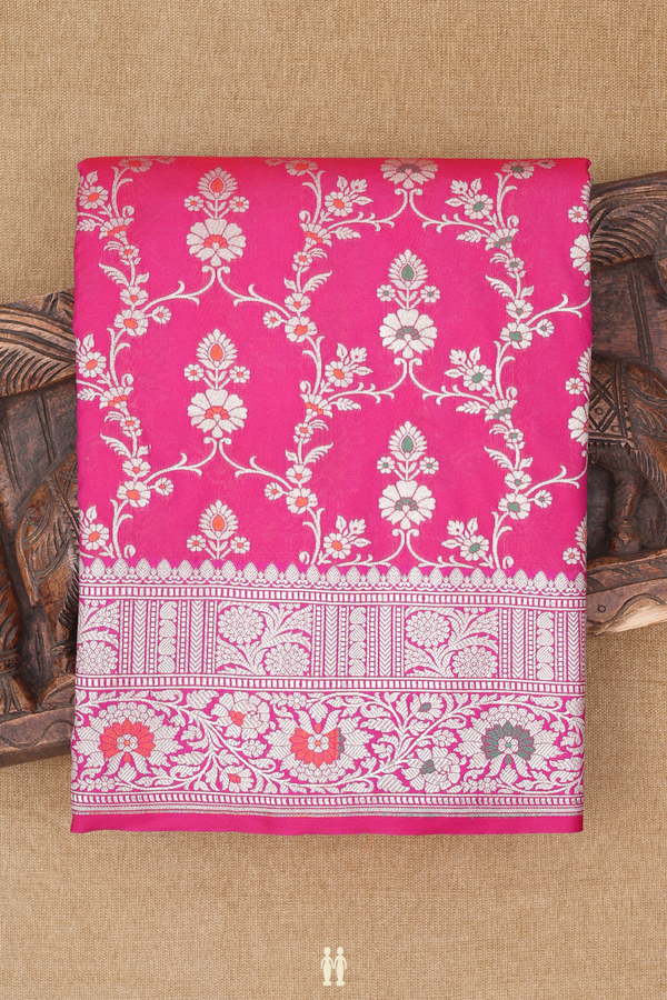 Banarasi Silk Saree In Dark Pink With Floral Design