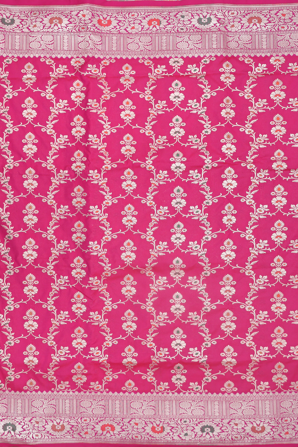 Banarasi Silk Saree In Dark Pink With Floral Design