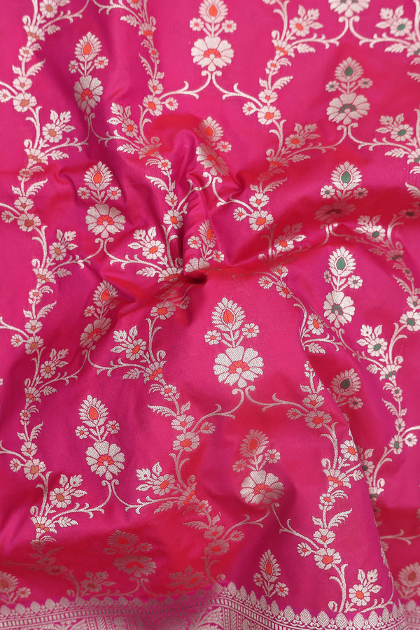 Banarasi Silk Saree In Dark Pink With Floral Design