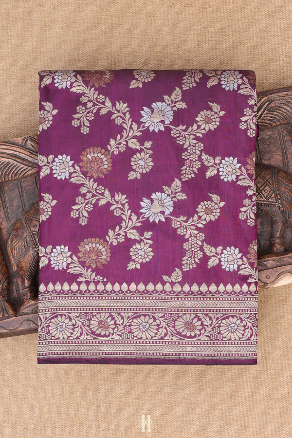 Banarasi Silk Saree In Deep Purple With Floral Design