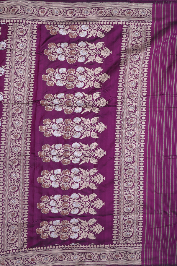 Banarasi Silk Saree In Deep Purple With Floral Design