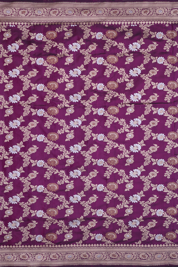 Banarasi Silk Saree In Deep Purple With Floral Design