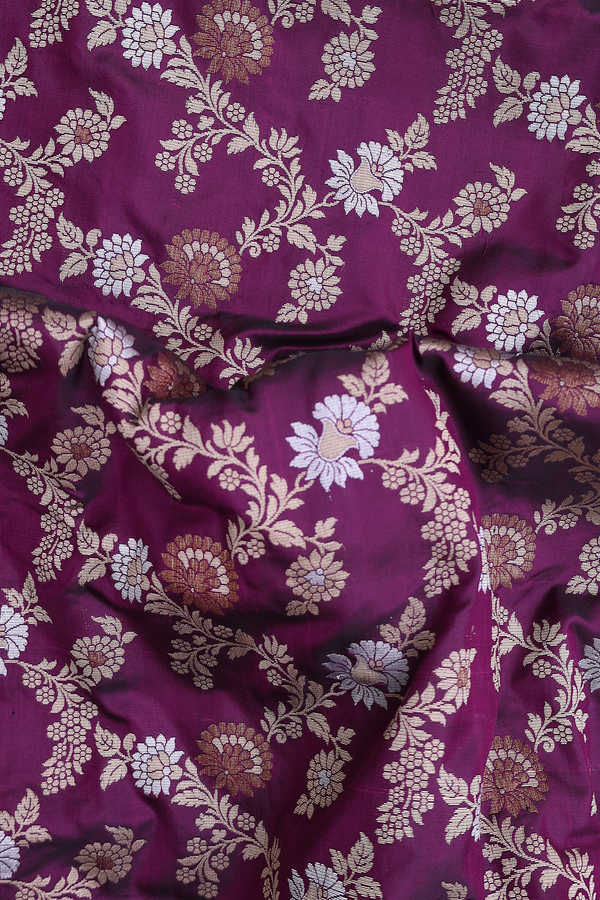 Banarasi Silk Saree In Deep Purple With Floral Design
