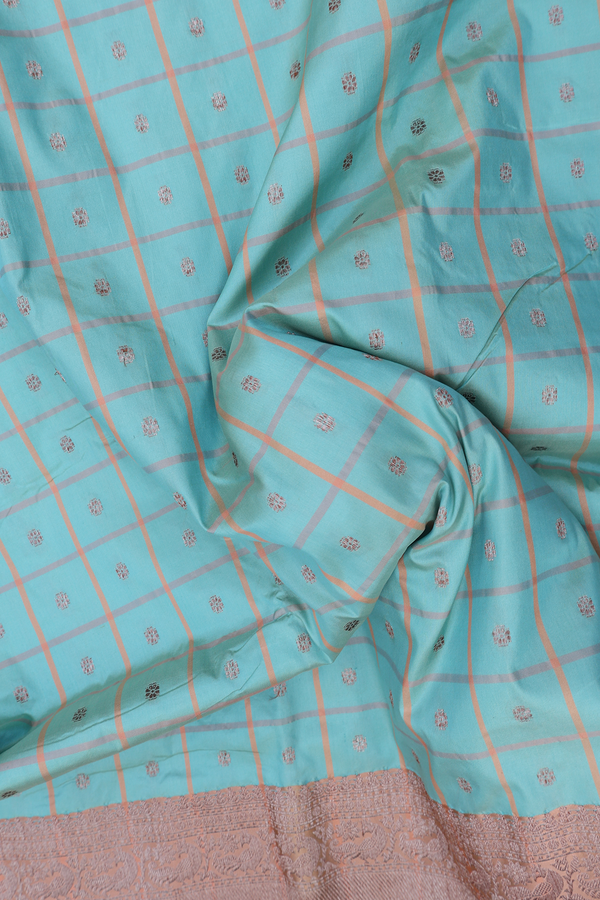 Banarasi Silk Saree In Dusty Green With Checks Design