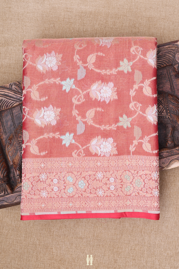 Banarasi Silk Saree In Dusty Red With Floral Design