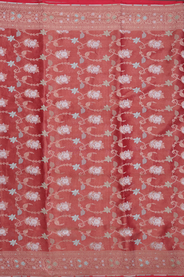 Banarasi Silk Saree In Dusty Red With Floral Design