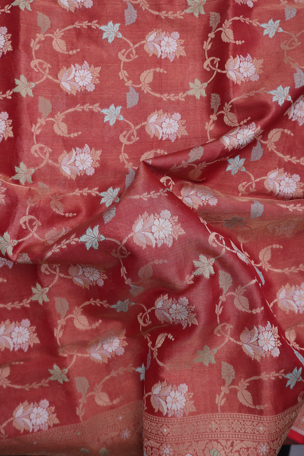 Banarasi Silk Saree In Dusty Red With Floral Design