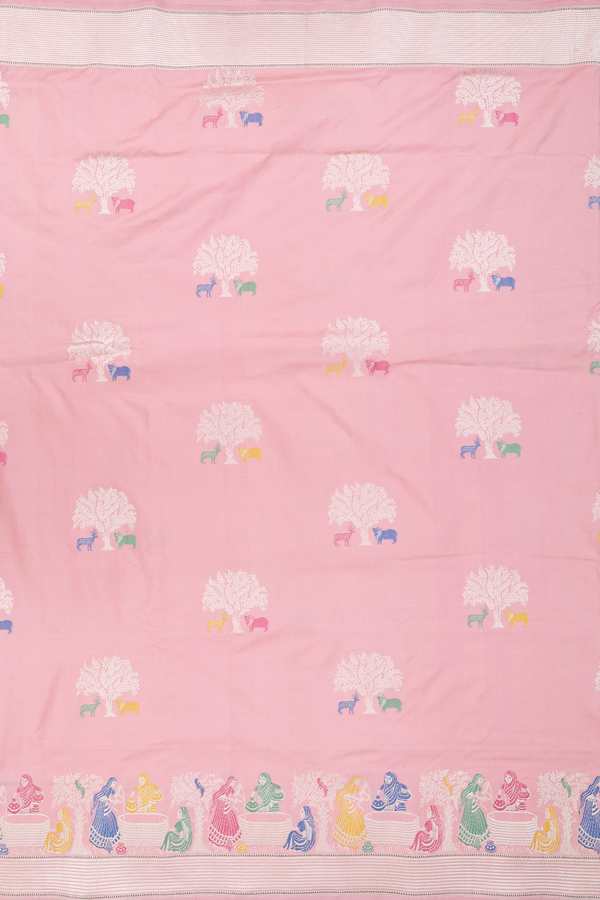 Banarasi Silk Saree In Dusty Rose With Tree Motifs