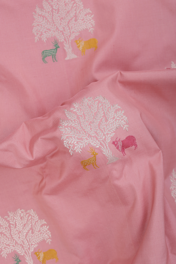 Banarasi Silk Saree In Dusty Rose With Tree Motifs