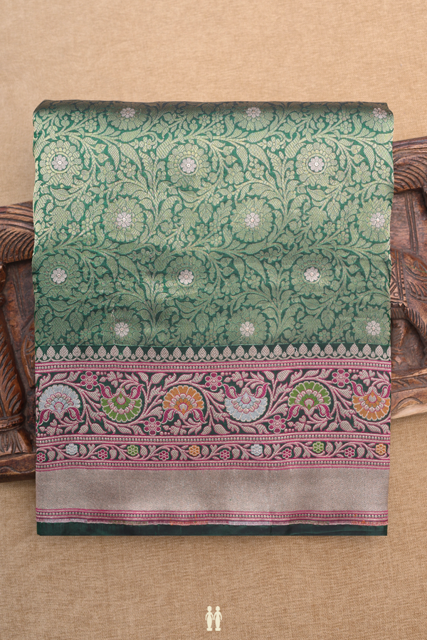Banarasi Silk Saree In Forest Green With Floral Design