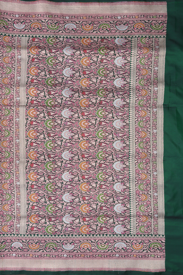 Banarasi Silk Saree In Forest Green With Floral Design