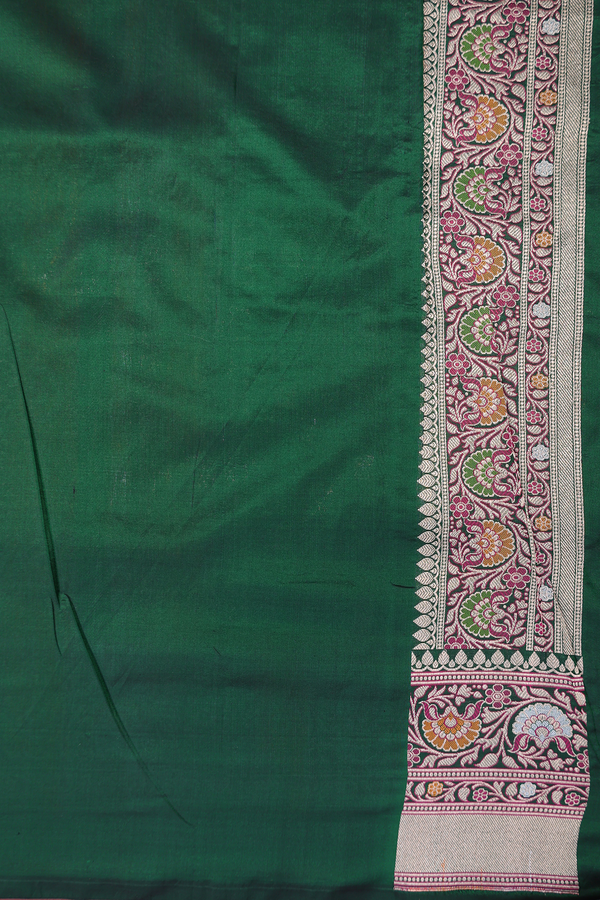 Banarasi Silk Saree In Forest Green With Floral Design