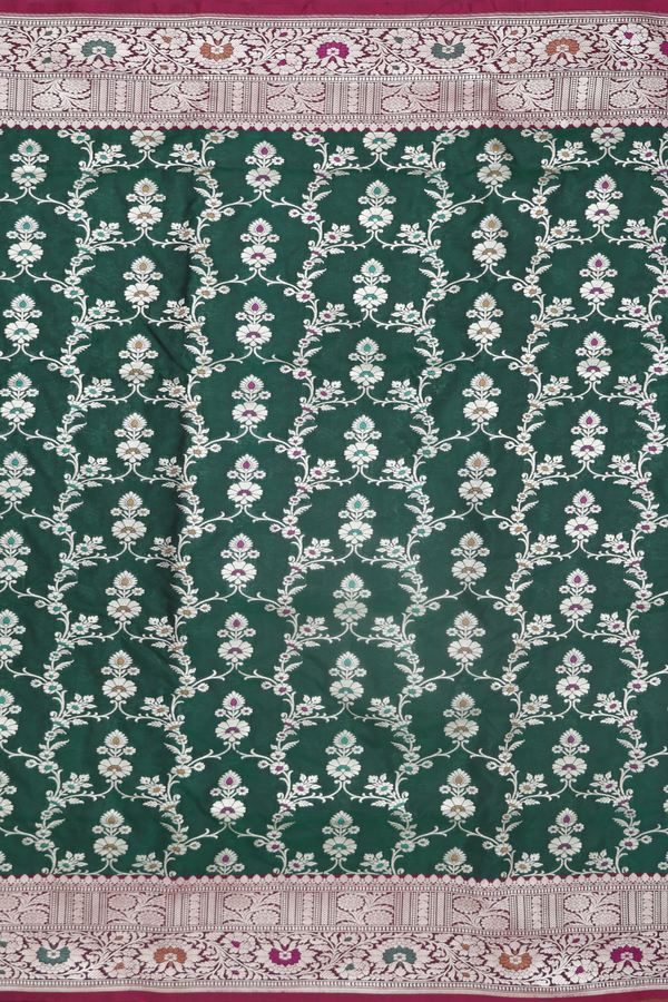 Banarasi Silk Saree In Forest Green With Floral Design