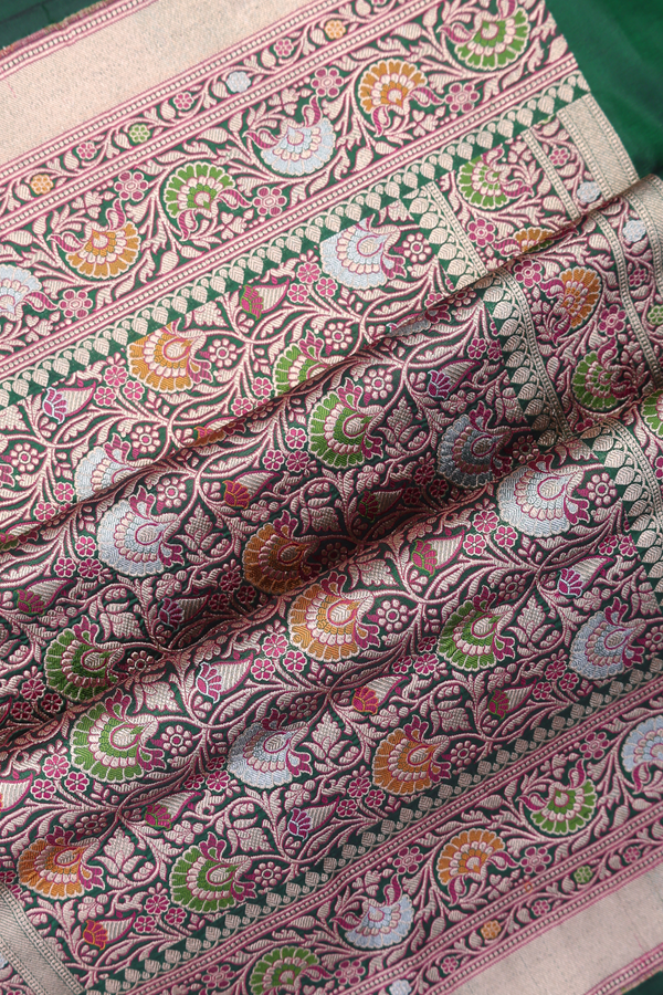 Banarasi Silk Saree In Forest Green With Floral Design