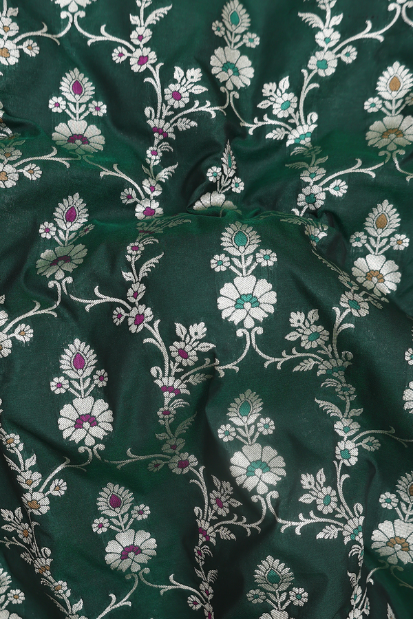 Banarasi Silk Saree In Forest Green With Floral Design