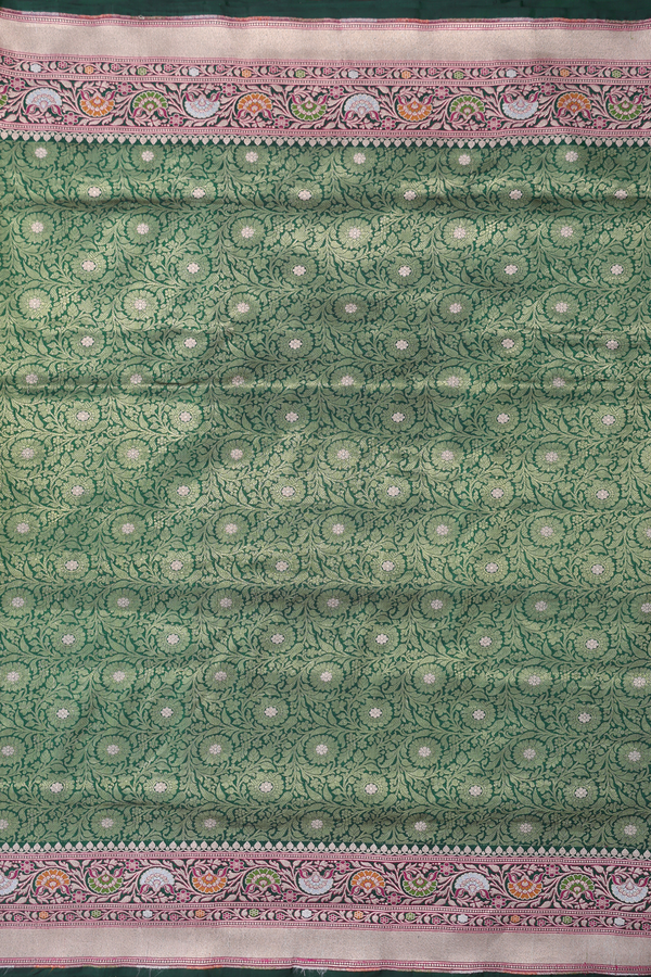 Banarasi Silk Saree In Forest Green With Floral Design
