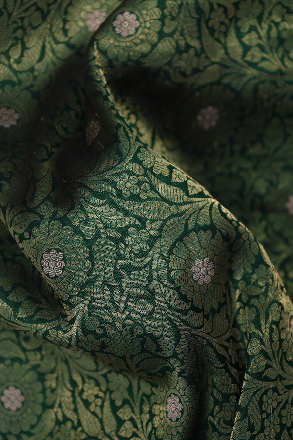 Banarasi Silk Saree In Forest Green With Floral Design