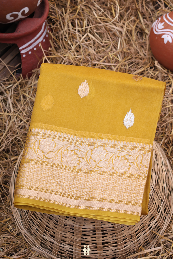 Organza Banarasi Silk Saree In Golden Yellow With Zari Buttas