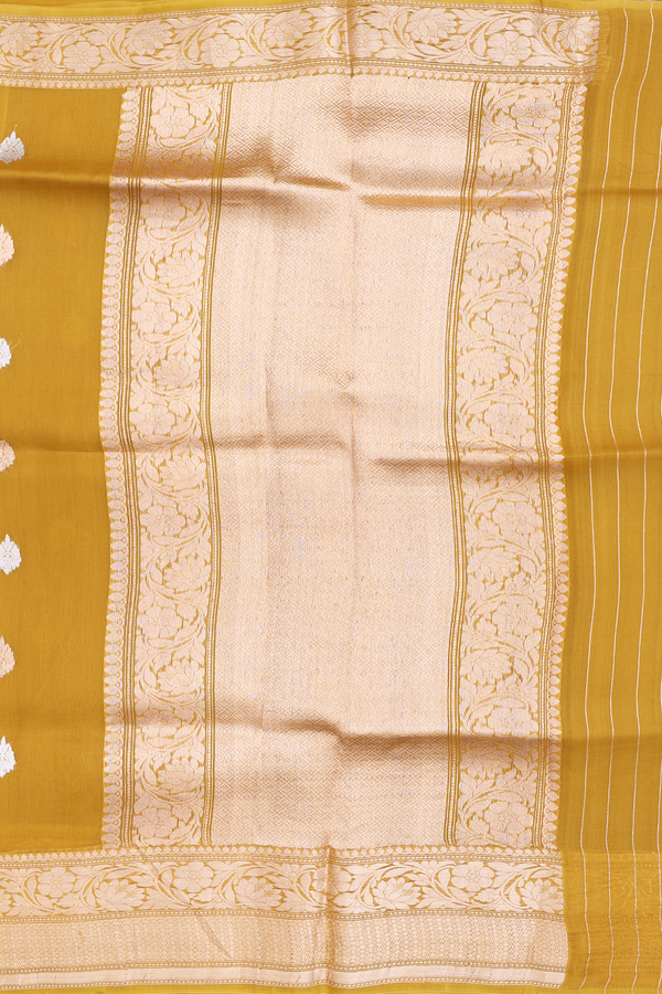 Organza Banarasi Silk Saree In Golden Yellow With Zari Buttas