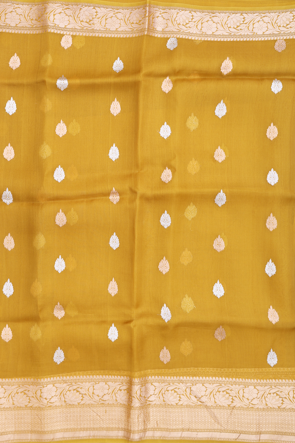 Organza Banarasi Silk Saree In Golden Yellow With Zari Buttas