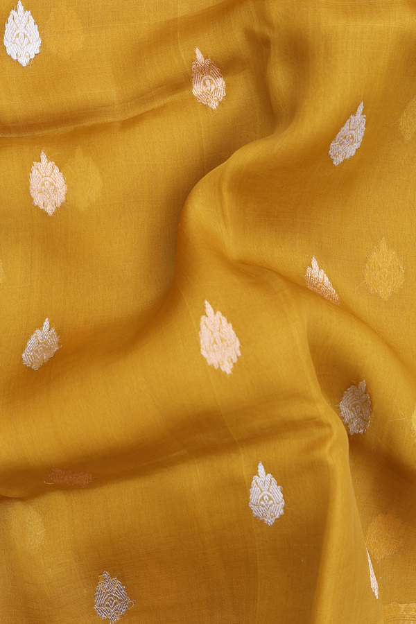 Organza Banarasi Silk Saree In Golden Yellow With Zari Buttas
